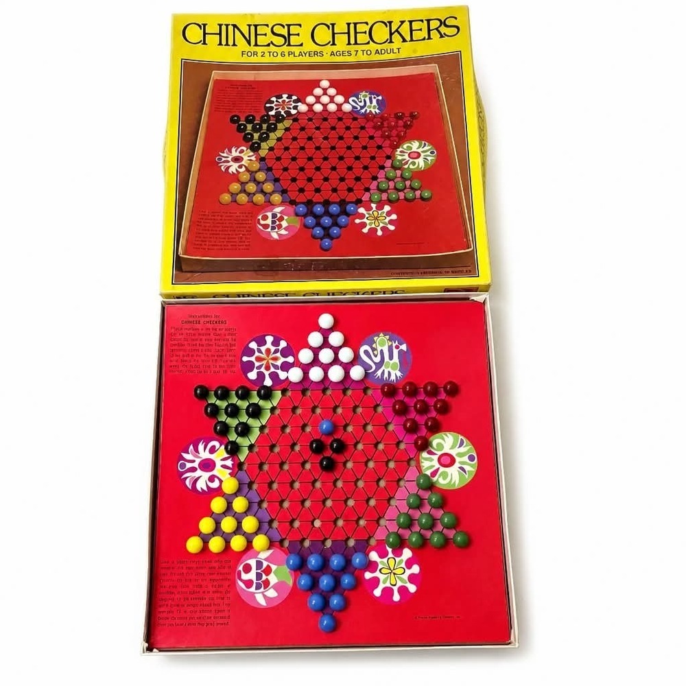 Vintage Golden Chinese Checkers Board Game Complete 60 Glass Marbles Yellow Box